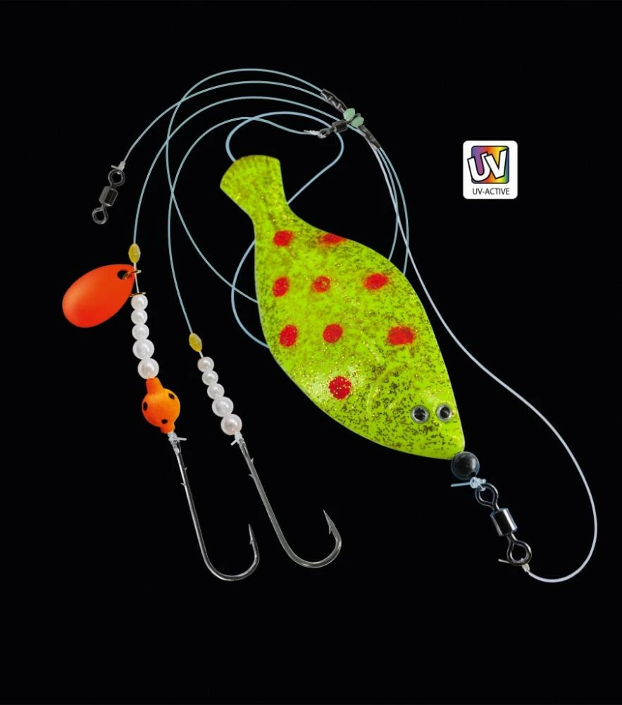 DEGA UV-aktiver Inline Buttlöffel In Schollenform 60g 3 DEGA UV-aktiver Inline Buttlöffel In Schollenform 60g